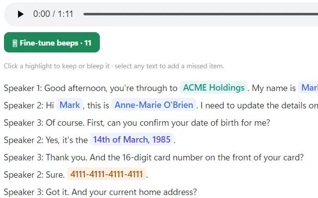 Close-up of the Occlira audio screen: a recorded call transcript with the caller names, a date of birth and a card number highlighted, above a Fine-tune beeps control showing eleven spans queued for bleeping.