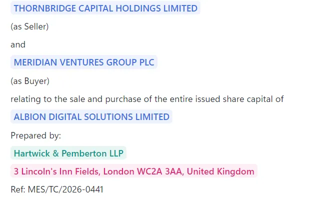 Close-up of the Occlira review screen: lines of a share purchase agreement with the detected company names, law firm and postal address highlighted in colour, each one clickable to keep or redact.