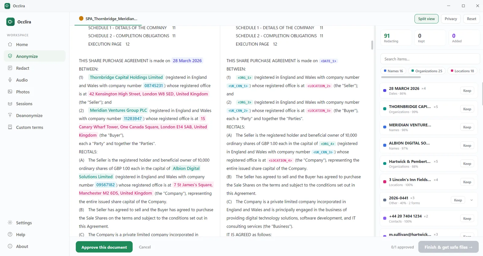 Occlira split view: the original contract on the left with real company names, numbers and addresses; on the right the same text with each value replaced by a consistent placeholder such as <ORG_1>, <DATE_1> and <LOCATION_2>, ready to paste into ChatGPT.