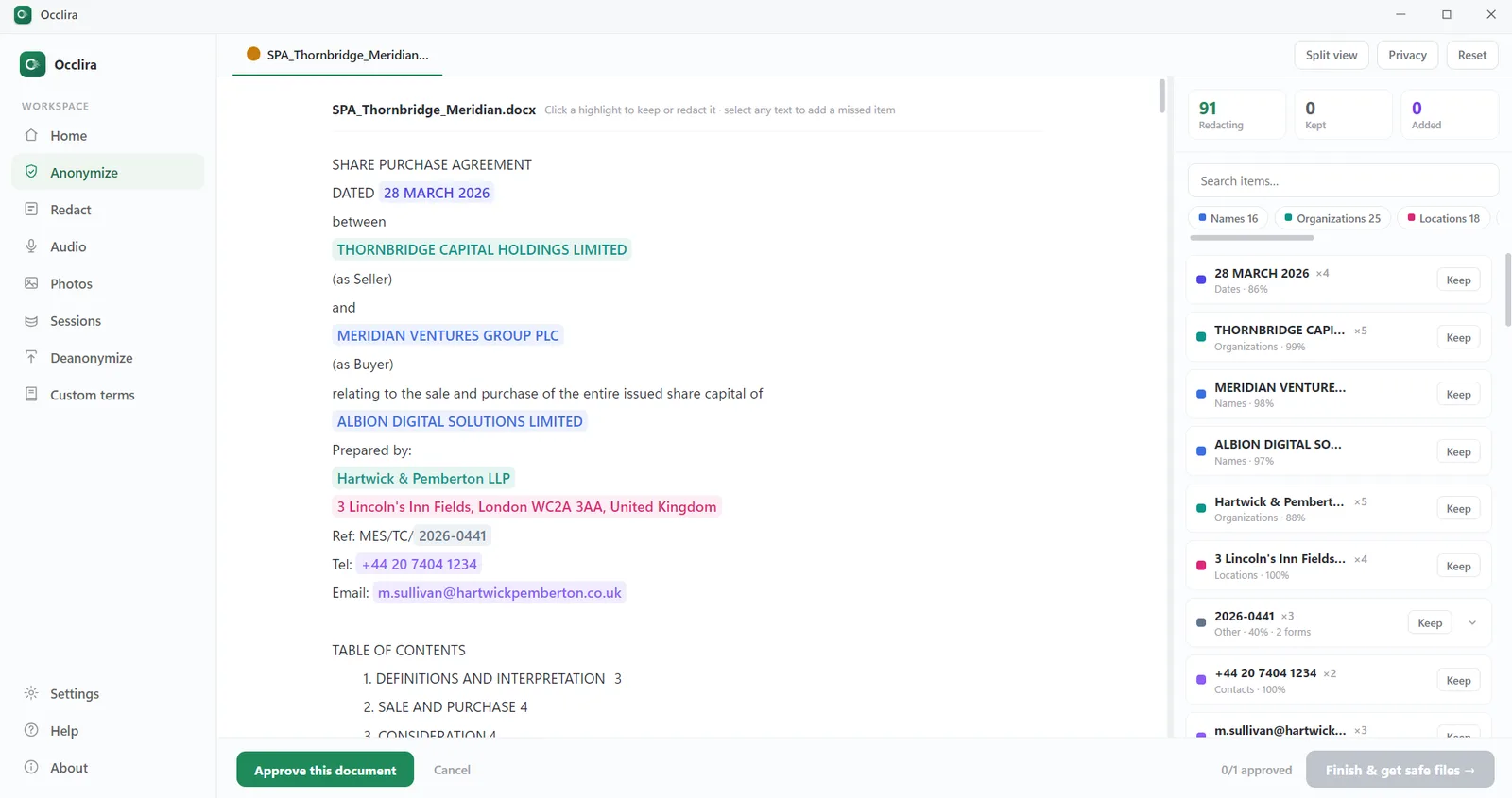 Occlira detecting and redacting personal data in a document on-device, with no upload required — the review screen showing flagged names, an organization, dates, an address and a phone number.