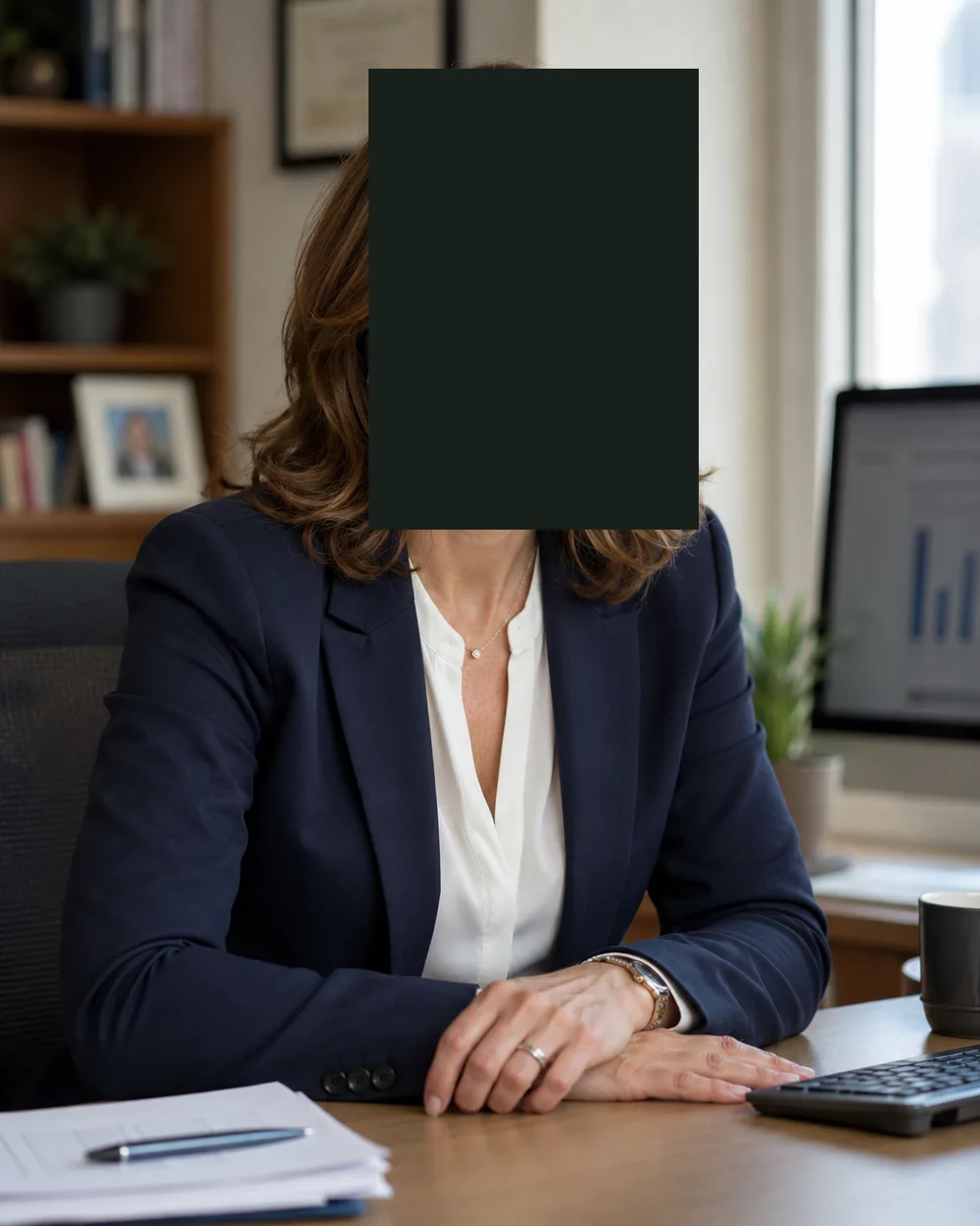 A portrait photo with the person’s face fully covered by a solid, opaque redaction box — the irreversible way to hide a face before sharing, in contrast to a blur that can be undone.