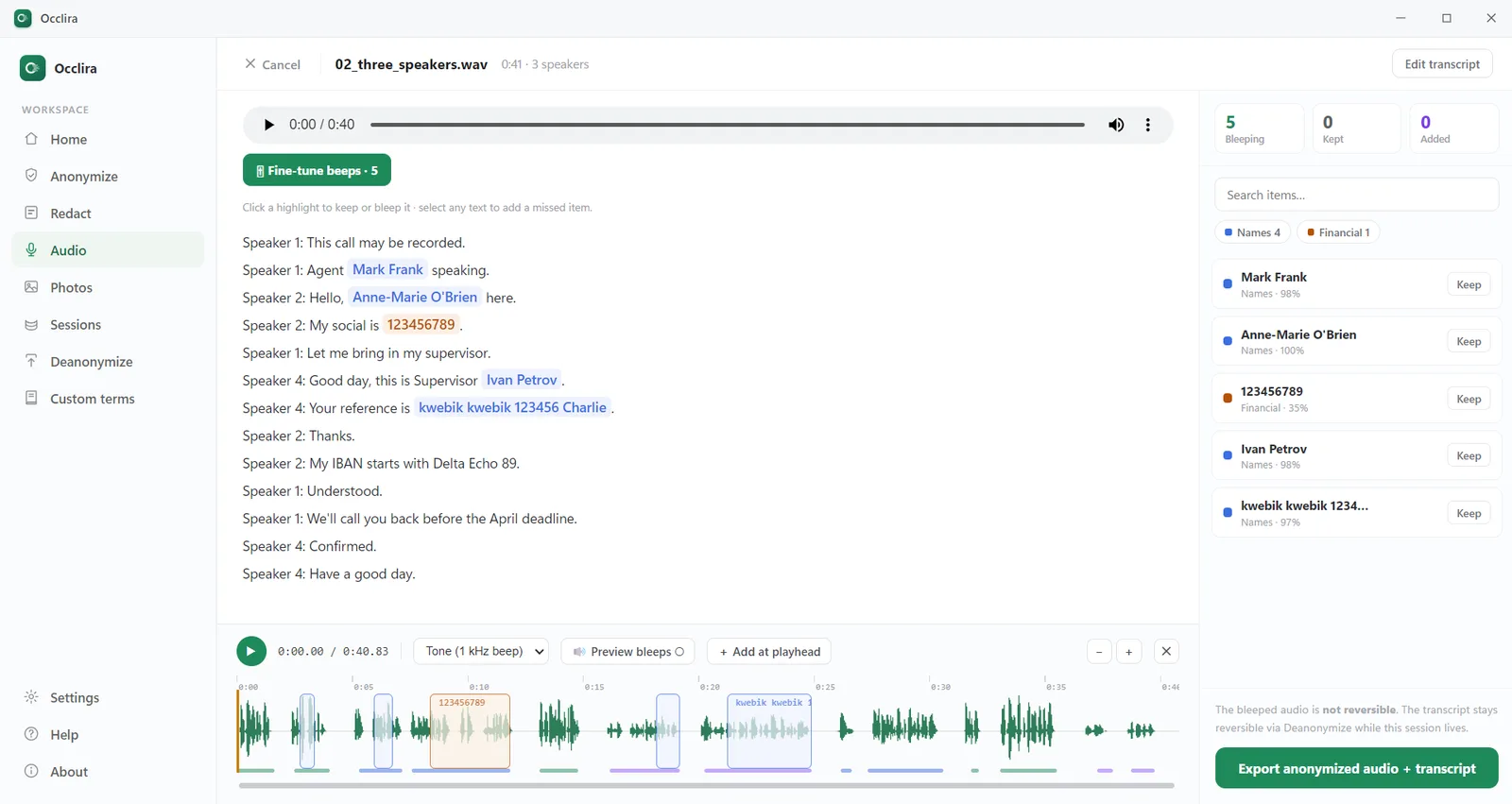 Occlira transcribing an interview on-device and listing detected names and numbers by timestamp, each bleeped on the reporter's confirmation — the recording never leaves the machine.