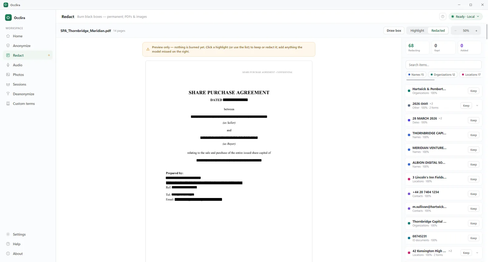 Occlira Redacted view: black boxes over names, address, phone and email, with the Draw box button in the toolbar.