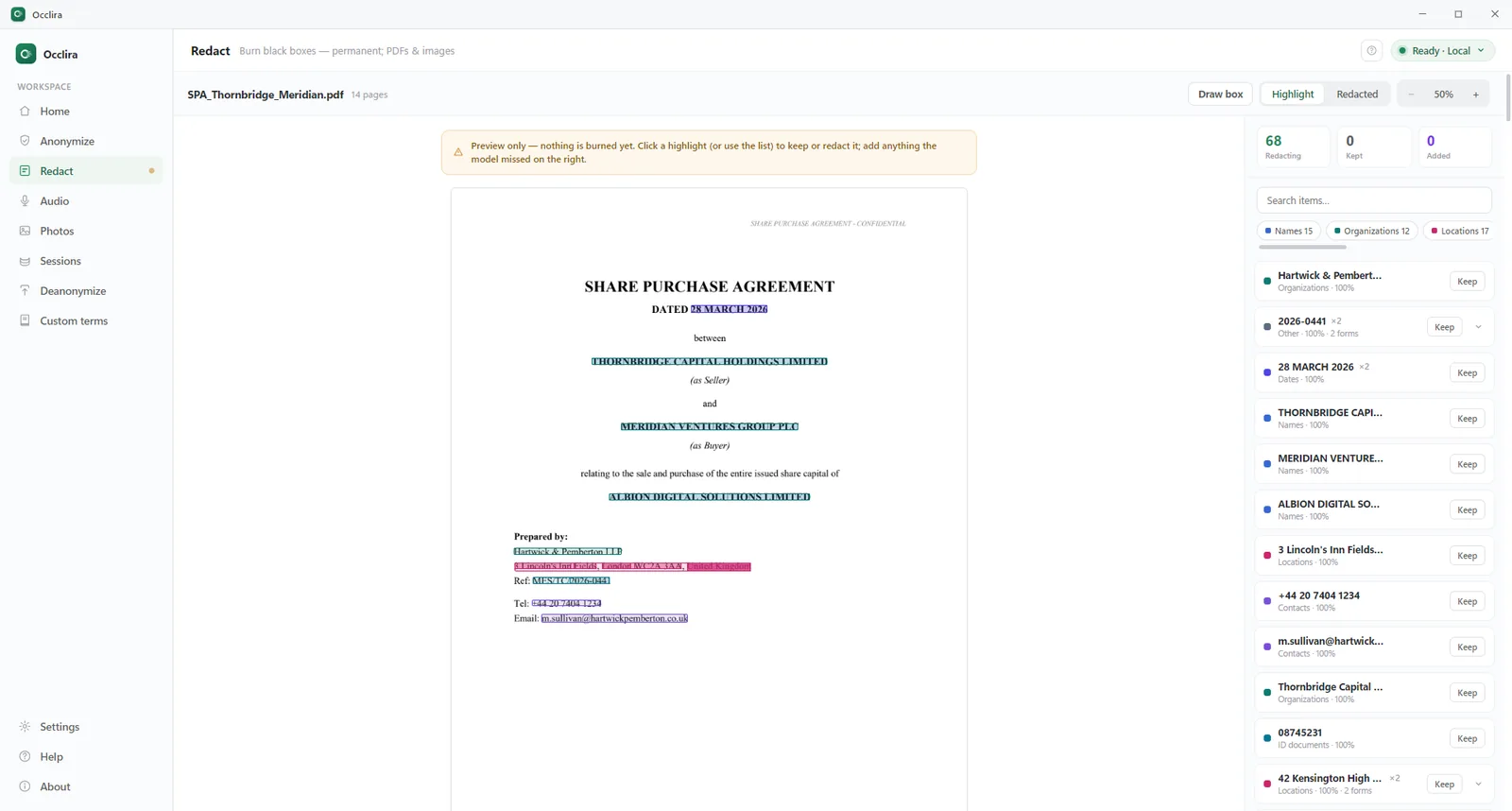 Occlira Redact view in Highlight mode: personal data in a contract marked by category, with a Keep button next to each finding; nothing burned yet.