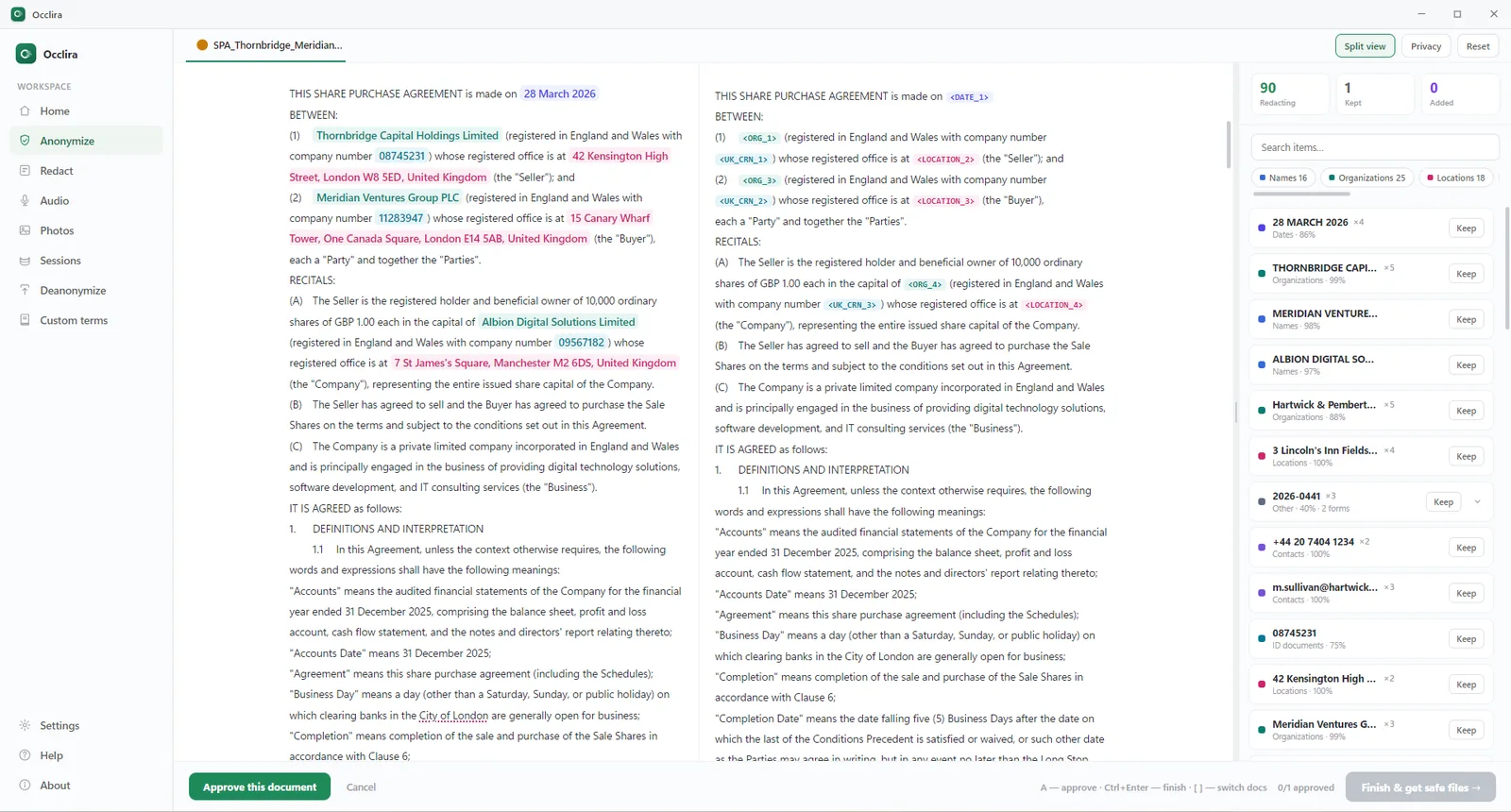 Occlira reviewing a Word share purchase agreement in split view: the original with parties, company numbers and addresses highlighted, the anonymized .docx with placeholders on the right, and the detected items with confidence scores.