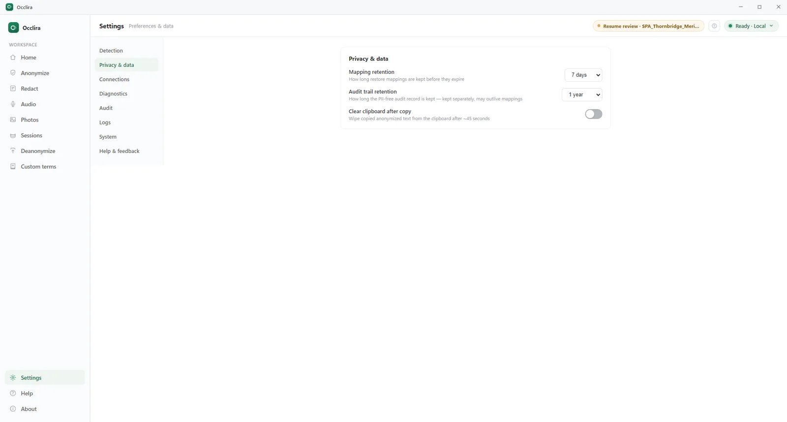 Occlira settings, Privacy and data: mapping retention set to 7 days, audit trail retention 1 year, and a switch to clear the clipboard about 45 seconds after copying anonymized text.